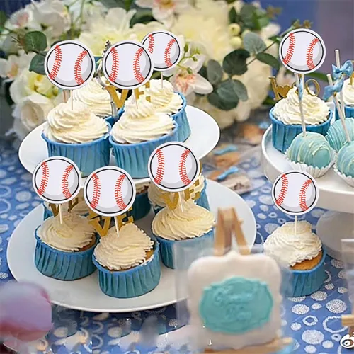 Miniatura 4 de Rsstarxi Paquete de 40 adornos de béisbol para cupcakes con temática de pelota deportiva, para decoración de pasteles de baby shower, temática