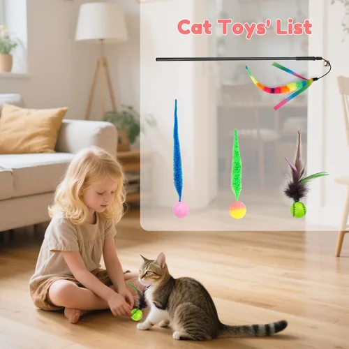 Miniatura 2 de SHENGSEN Juguete de varita de plumas para gatos, pelota inflable con cola para gatos, gusano mágico con juguete de bola grande y colorida