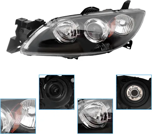 Miniatura 8 de Para Mazda 3 Sedan 2004 2005 2006 2007 2008 2009 Mazda 3 Sedan faro delantero halógeno izquierdo lado del conductor, carcasa negra lente