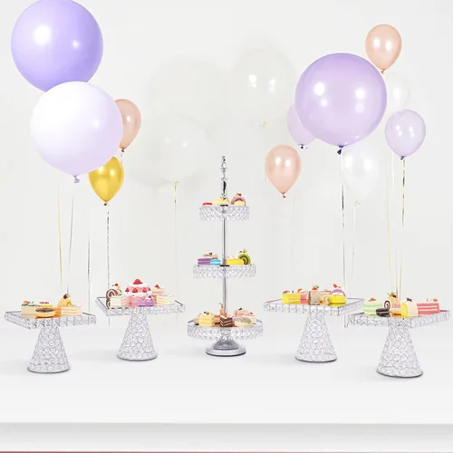 Miniatura 12 de YIYIBYUS Juego de 9 soportes de cristal para tartas, soporte para cupcakes, frutas, dulces, postres con cuentas de cristal para mesa de postre, 9