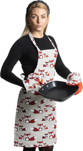 Miniatura 5 de Delantal de cocina de lino con 2 guantes cortos para horno, delantales de cocina con bolsillo frontal para mujeres y hombres con bonito diseño