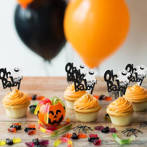 Miniatura 5 de Ephlyn 24 adornos negros para cupcakes con temática de Halloween, baby shower, niños, fiesta de cumpleaños, suministros de decoración de pasteles