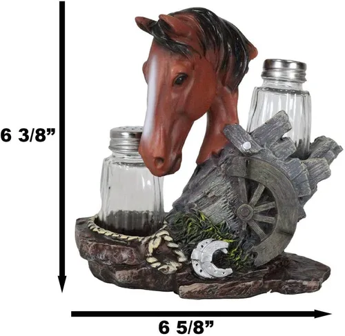 Miniatura 3 de Ebros Country - Juego de figuras de caballo de semental marrón castaño occidental por Farm Wagon Wheel Lasso Herraduras Salero y Pimentero Estatua