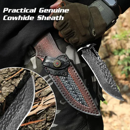 Miniatura 5 de DRACHENADER Cuchillo de caza de Damasco VG10 hecho a mano con 67 capas de acero de Damasco con funda de cuero real, hoja fija para hombres, mango