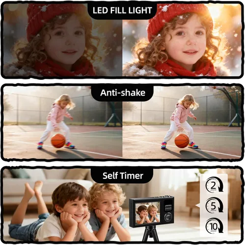 Miniatura 4 de Cámara digital para niños y principiantes, cámara digital 4K con tarjeta SD de 64 GB, zoom 16X, cámara compacta de apuntar y disparar con pantalla