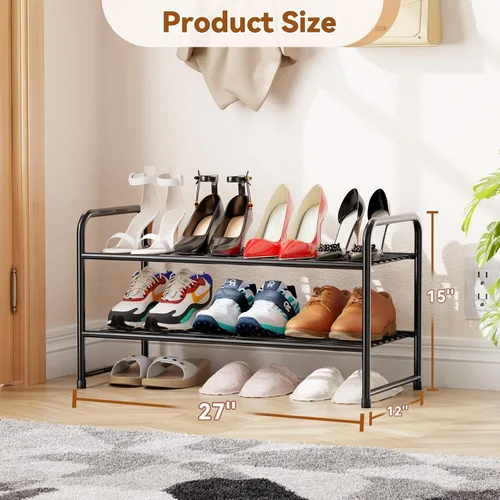 Miniatura 2 de Zapatero simple de 2 niveles y 27 pulgadas de ancho, estante organizador de zapatos de metal resistente para entrada, puerta delantera, color negro