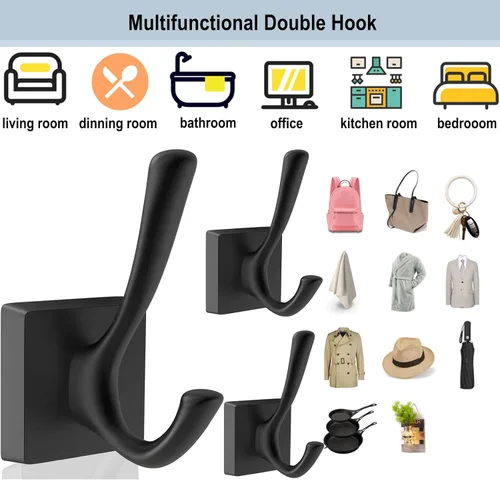 Miniatura 8 de TOFIIGREM Ganchos de pared negros para abrigos, ganchos para vestíbulos de baño, ganchos para colgar ropa, bata, toalla, mochila, ganchos
