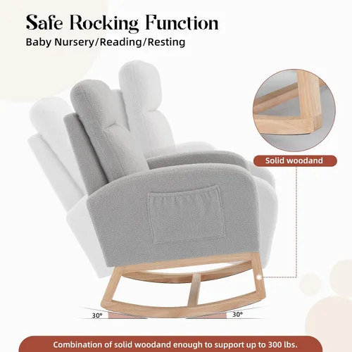 Miniatura 5 de Mecedora para guardería, moderna mecedora tapizada con bolsillo lateral, respaldo alto, asiento acolchado para sala de estar, guardería, dormitorio