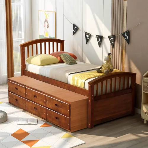 Miniatura 3 de Merax Cama de almacenamiento de madera maciza con 6 cajones, soporte de listones de madera, no necesita somier Nuez