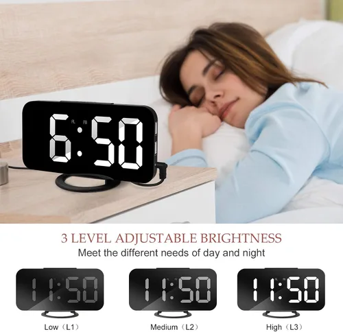 Miniatura 4 de Reloj despertador digital Lamisola, gran pantalla LED con espejo, 2 puertos de carga USB, brillo ajustable automáticamente, relojes modernos