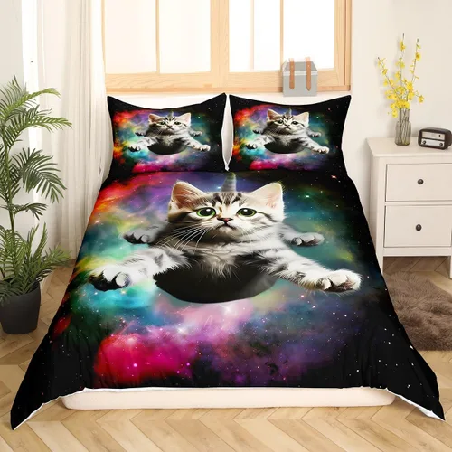 Miniatura 3 de Funda de edredón con diseño de gato de galaxia para mujeres y niñas, de microfibra de 66 x 90 pulgadas, diseño digital 3D, funda de edredón