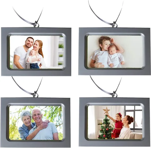 Marco de fotos horizontal, elegante diseño plateado, juego de 4 piezas para árbol de Navidad, con capacidad para fotos de 2.75 x 1.75 pulgadas