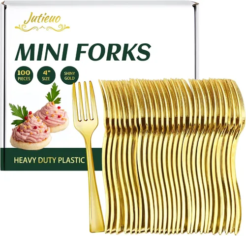100 mini tenedores dorados de 4 pulgadas, pequeños tenedores de postre de plástico dorado, desechables, resistentes, diminutos tenedores para