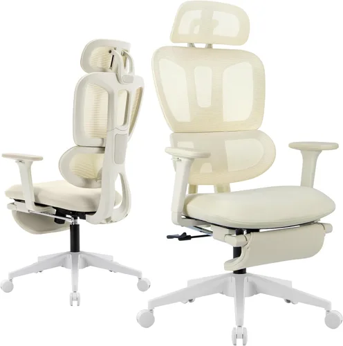 Miniatura 12 de Silla de oficina ergonómica de malla con reposapiés retráctil, silla de computadora con respaldo alto, soporte lumbar, reposabrazos y reposacabezas