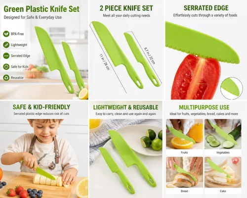 Miniatura 2 de Juego de cuchillos de plástico verde – Cuchillos grandes de 11 pulgadas y 8.7 pulgadas pequeños para cocina, preparación de alimentos y uso