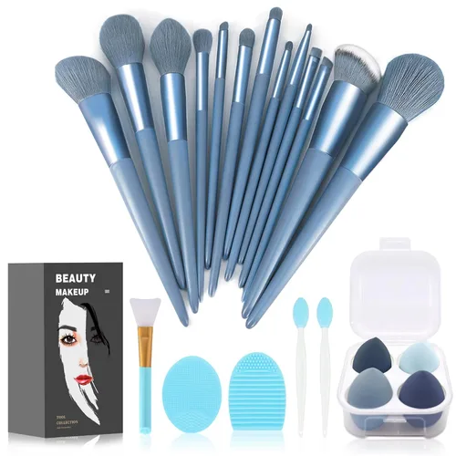 Miniatura 8 de Juego de 22 brochas de maquillaje, incluye brocha para base, brocha para sombras (azul, 22 piezas)