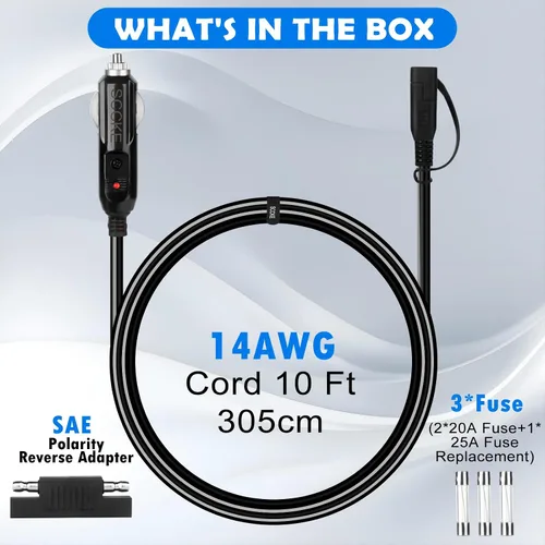 Miniatura 7 de Enchufe para encendedor de cigarrillos de 10 pies 14 WG 12 V a SAE Adaptador de liberación rápida Cable de carga con fusible de 20 A y luz LED