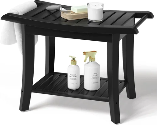 Banco de ducha de bambú en el interior del taburete de ducha con estante de almacenamiento de espacio eficiente, sillas de ducha de baño, asientos