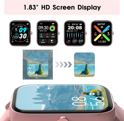 Miniatura 3 de Reloj inteligente para mujer (respuesta/hacer llamada): rastreador de fitness impermeable de 1.85 pulgadas con presión arterial de 24 horas de Rosa