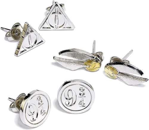 Harry Potter Juego de 3 aretes de tuerca oficiales Reliquias de la MuerteSnitch DoradoPlataforma 9 34, Metal