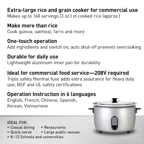 Miniatura 2 de Panasonic Arrocera eléctrica comercial, 208 V, capacidad extra grande, 80 tazas (cocida), 40 tazas (sin cocinar) con operación de un solo toque