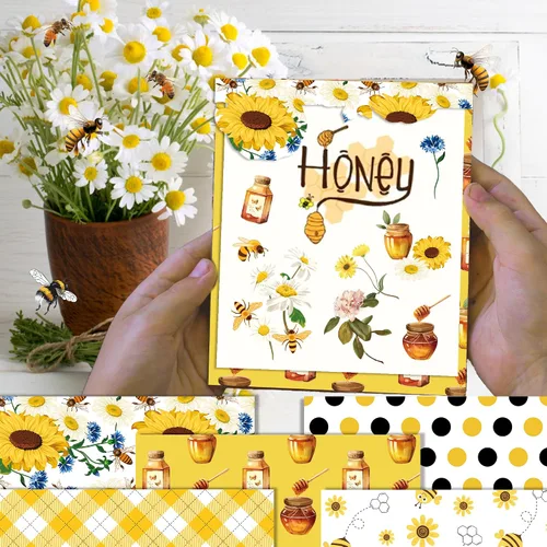 Miniatura 5 de Papel de recortes de abejas de 12 x 12 pulgadas, doble cara, 24 hojas de papel decorativo de panal de abejas amarillo y negro con patrón especial