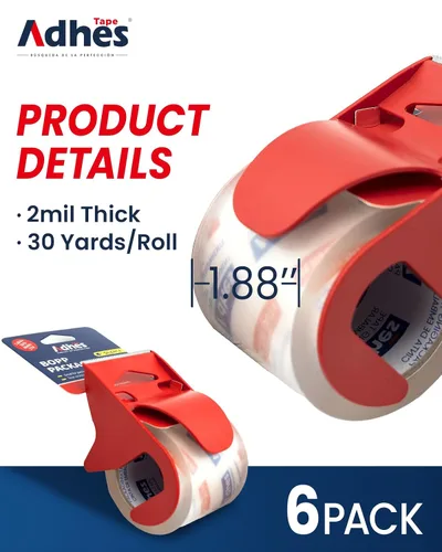 Miniatura 5 de ADHES - Cinta de embalaje transparente sin ruido con dispensador, paquete de 6 unidades de 1.88 pulgadas x 30 yardas, cinta de envío resistente