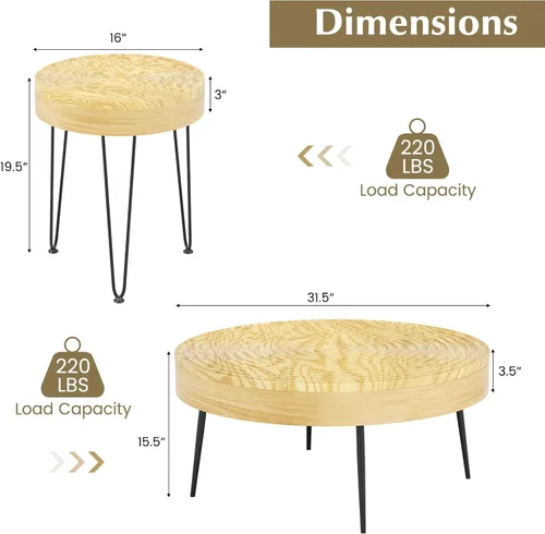 Miniatura 2 de Giantex Juego de 2 mesas auxiliares redondas bohemias, mesa anidable lateral para sofá con parte superior de madera de pino maciza, patas de metal