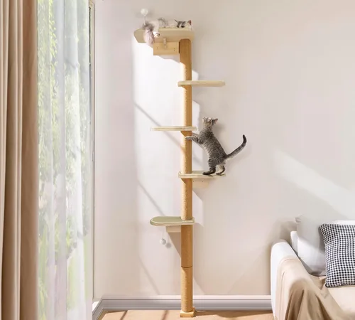 Miniatura 10 de Estantes de pared para gatos para gatitos, árbol para gatos de piso a techo de 83 pulgadas con almohadillas de felpa grises, árbol de escalada