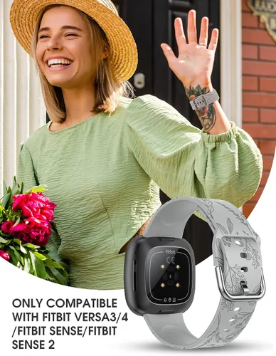 Miniatura 5 de Minyee Paquete de 2 correas grabadas florales compatibles con Fitbit Versa 4/Versa 3/Sense 2/Sense Band para mujer, lindo diseño de girasol de Gris