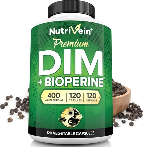 Nutrivein Suplemento DIM Premium de 400 mg al día - 120 porciones (120 cápsulas): Diindolilmetano para mujeres y hombres - Más Bioperine -