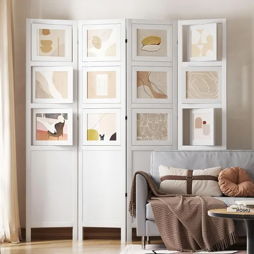 Miniatura 10 de Divisor de habitación para fotos de 4 paneles, pantalla de privacidad plegable independiente y decorativo con 16 marcos para oficina en casa (negro)