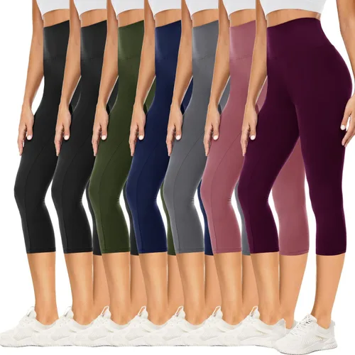 YOLIX Paquete de 7 leggings capri para mujer, cintura alta, color negro, suave, pantalones de yoga para entrenamiento