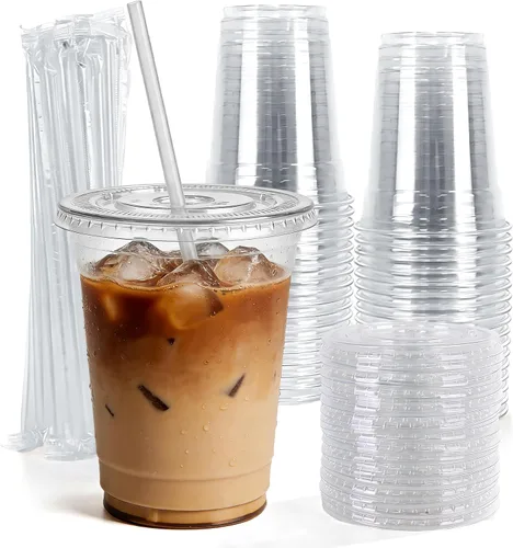 Miniatura 10 de Astomi Vasos de plástico desechables de 10 onzas, tazas de café helado transparentes con tapas y pajitas, vasos de plástico resistentes y seguros