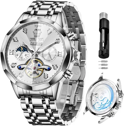 Miniatura 71 de OLEVS Reloj de pulsera automático con diseño de esqueleto para hombre, de lujo, con diamantes de lujo, de acero inoxidable, calendario, reloj