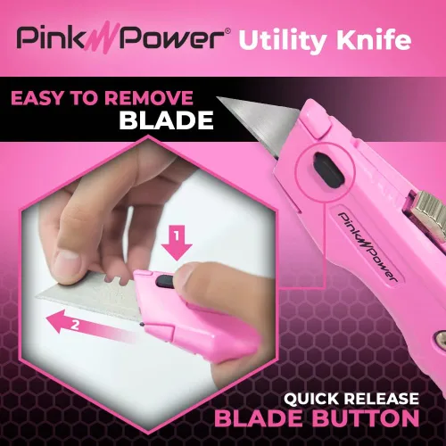 Miniatura 4 de Pink Power Cortador de cajas retráctil, cuchillo de utilidad rosa para alfombra, lindo cuchillo cortador de caja resistente con 3 cuchillas
