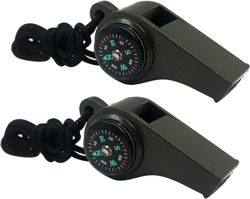 Paquete de 2 silbatos de supervivencia de emergencia, silbatos de emergencia 3 en 1 con brújula y termómetro, silbato de seguridad fuerte con cordón