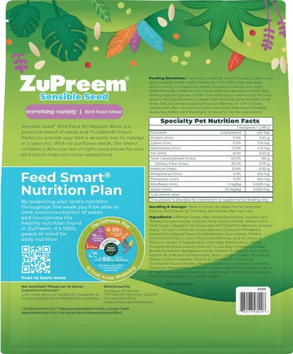 Miniatura 8 de ZuPreem Sensible Seed Alimento para Aves, Cacatúa, Agapornis, Cuáquero, Conuro Pequeño, Mezcla de Semillas y Pellets para Aves Medianas, Complemento