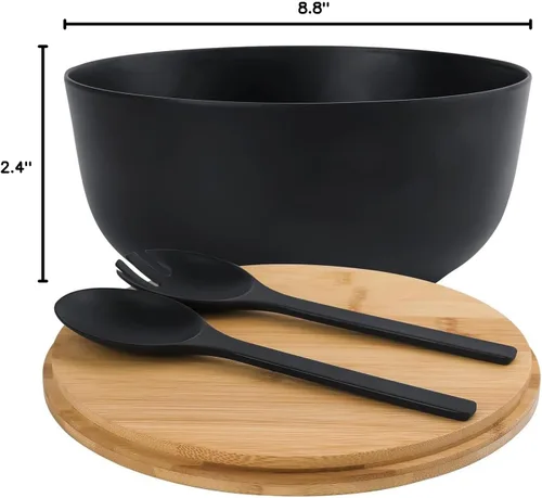 Miniatura 9 de LOVYANXUE - Juego de ensaladera de fibra de bambú con utensilios para servir de gran tamaño de 9.8 pulgadas, juego de mezcla de bambú natural
