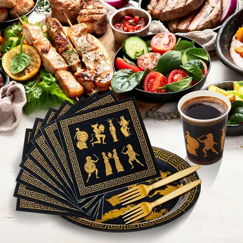 Miniatura 7 de Vesici 96 piezas de suministros de fiesta de mitología griega para 24 invitados, platos, vasos, servilletas y tenedores inspirados en la antigua