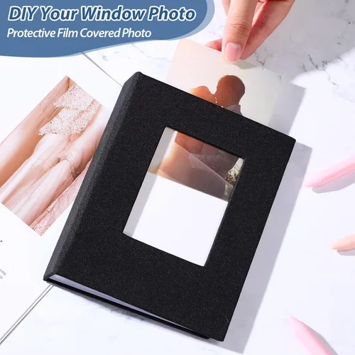Miniatura 4 de Álbum de fotos pequeño de 6 piezas de 4 x 6 pulgadas, cubierta de lino con ventana frontal, álbum de recortes con capacidad para 52 fotos, mini Negro