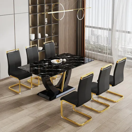 Miniatura 10 de Juego de mesa de comedor de 71 pulgadas para 8, juego de mesa de comedor de mármol sintético negro para 8, juego de mesa de cocina rectangular