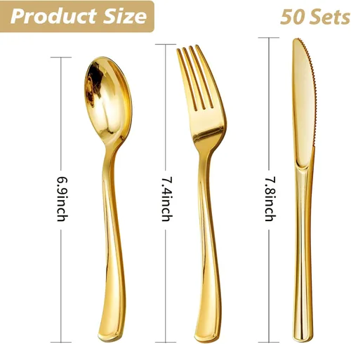 Miniatura 4 de Goodluck 150 cubiertos de plástico dorados, utensilios dorados desechables, juego de 50 tenedores, 50 cucharas, 50 cuchillos para bodas, fiestas