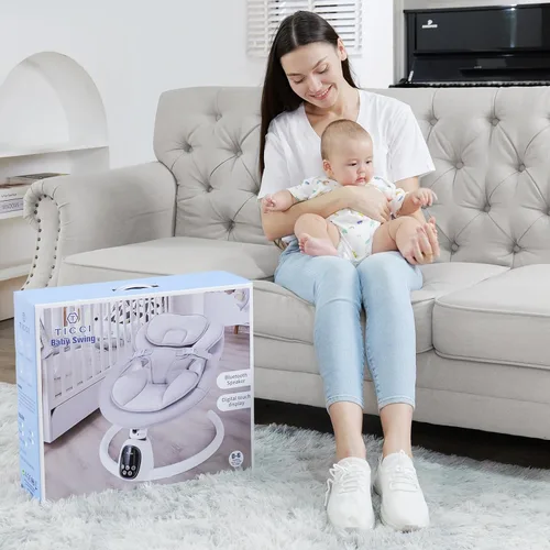 Miniatura 7 de T TICCI Columpios de bebé para bebés, gorila Bluetooth de 5 velocidades, altavoz de música, control remoto, uso en interiores y exteriores, gris