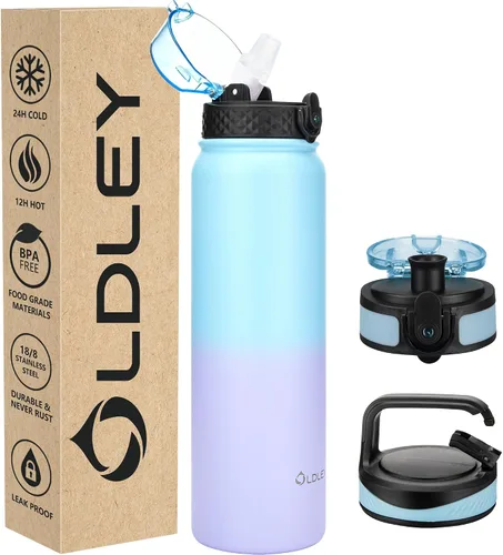 Miniatura 32 de Botella de agua aislada Oldley de 12 oz con pajita, botella de agua de acero inoxidable con 2 tapas, botellas de doble pared con vacío para adultos