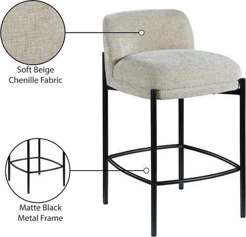 Miniatura 10 de Meridian Furniture 429Beige-C Burton Collection Modern Taburete contemporáneo con tela de felpilla beige suave, marco de metal negro mate, 17.5