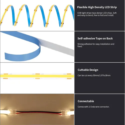 Miniatura 6 de COB - Tira de luz LED de 40 pies/39.4 ft (1 rollo), blanco frío, 6500 K, alto lumen, CRI 90+ con adaptador de corriente con certificación UL