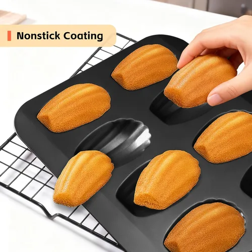 Miniatura 3 de Madeleines 12 Cavity Madeleine Baking Mould Carbon Steel with Non-Stick Coating for Oven Baking Chocolate Brownies Biscuits, Black