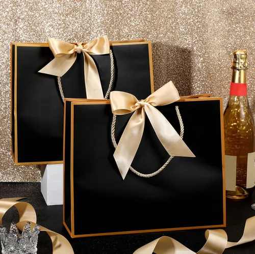 Miniatura 5 de Silkfly 24 bolsas de regalo con asas para dama de honor, 12 x 10 x 4 pulgadas, elegantes bolsas de regalo de bienvenida de boda con lazo para Negro