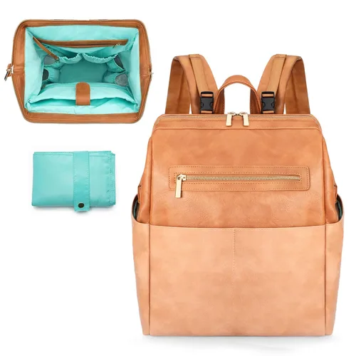 MOMINSIDE Mochila para pañales, bolsa de pañales de cuero, bolsa de bebé, bolsa de pañales grande para bebé, bolsa de mamá con 16 bolsillos, bolsa